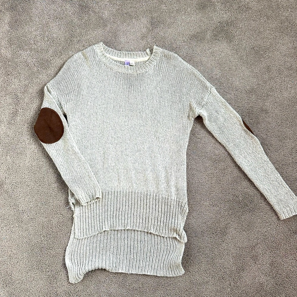 Beige High-Low Patch Sleeve Sweater